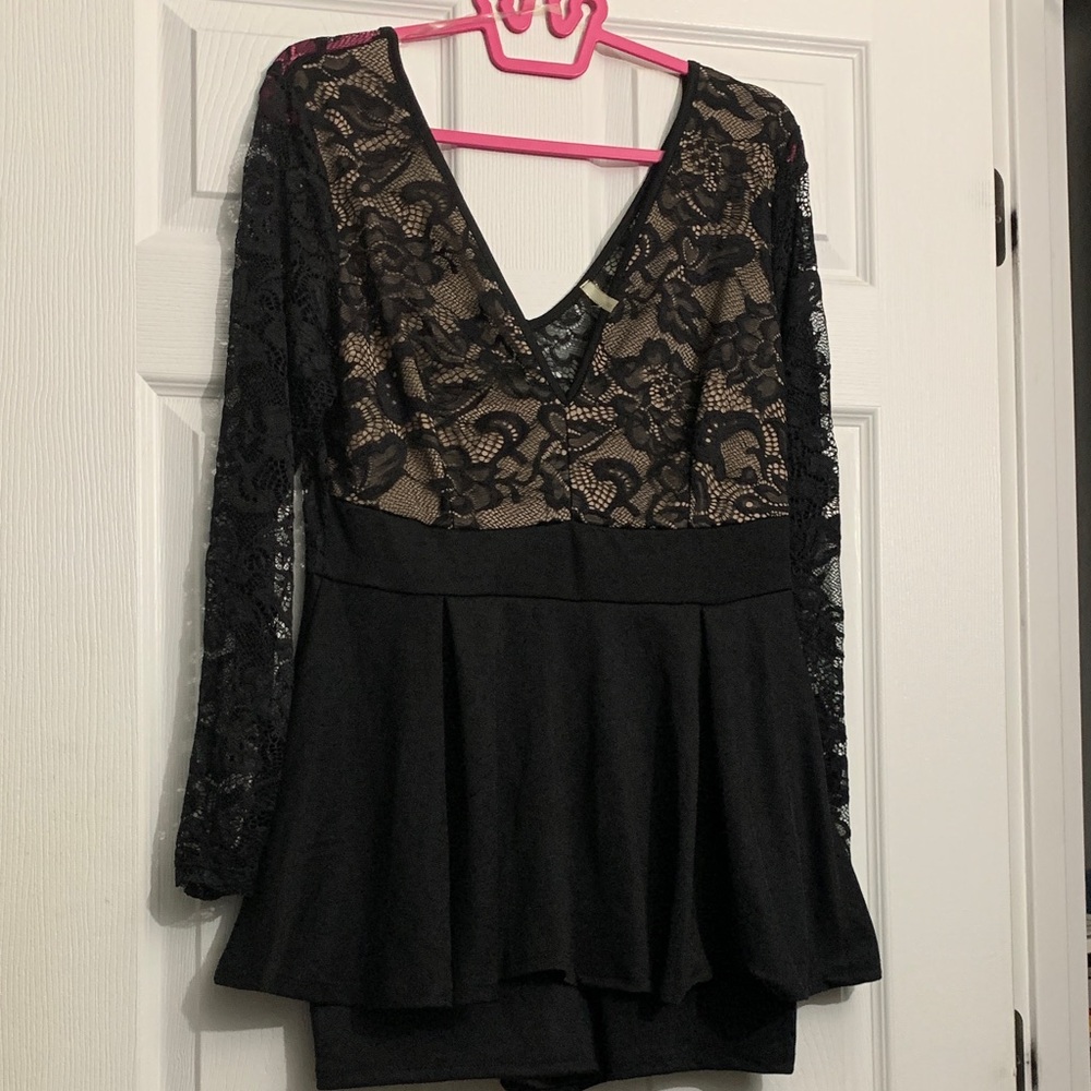 Black Lace V-Neck Peplum Top